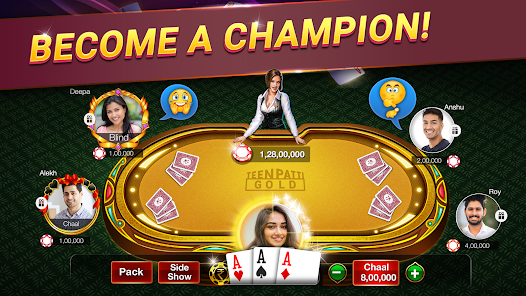 Teen Patti real cash table with chaal, pack and side show buttons
